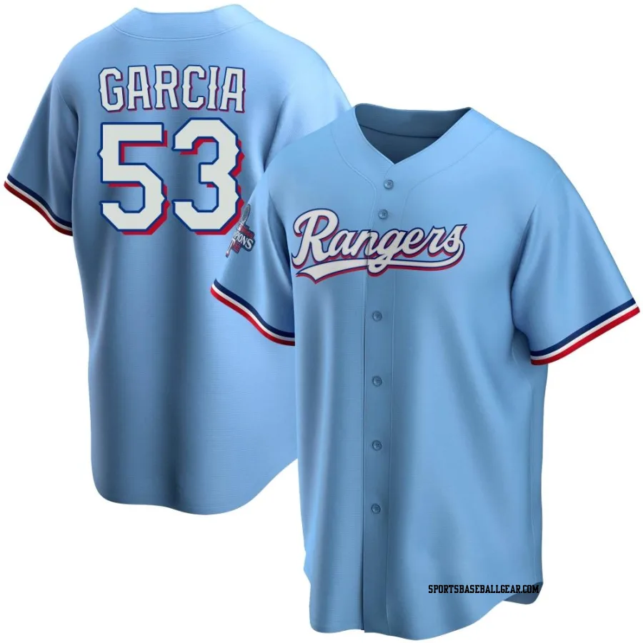 Adolis Garcia Youth Texas Rangers Light Blue Replica Alternate 2023 World Series Champions Jersey