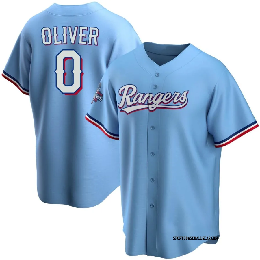 Al Oliver Youth Texas Rangers Light Blue Replica Alternate 2023 World Series Champions Jersey