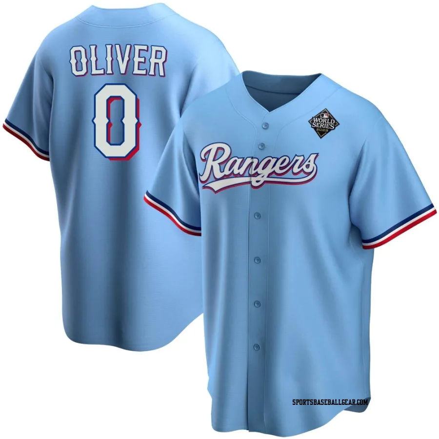 Al Oliver Youth Texas Rangers Light Blue Replica Alternate 2023 World Series Jersey