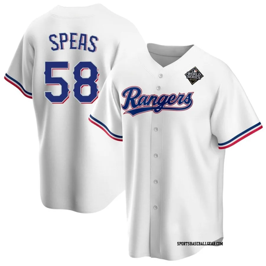 Alex Speas Men's Texas Rangers White Replica Home 2023 World Series Jersey