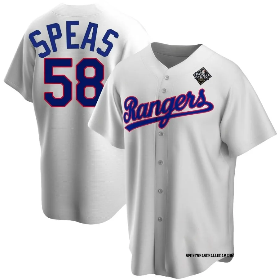 Alex Speas Youth Texas Rangers White Replica Home Cooperstown Collection 2023 World Series Jersey