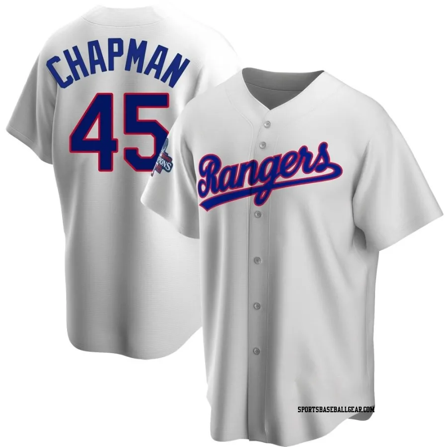 Aroldis Chapman Men's Texas Rangers White Replica Home Cooperstown Collection 2023 World Series Champions Jersey