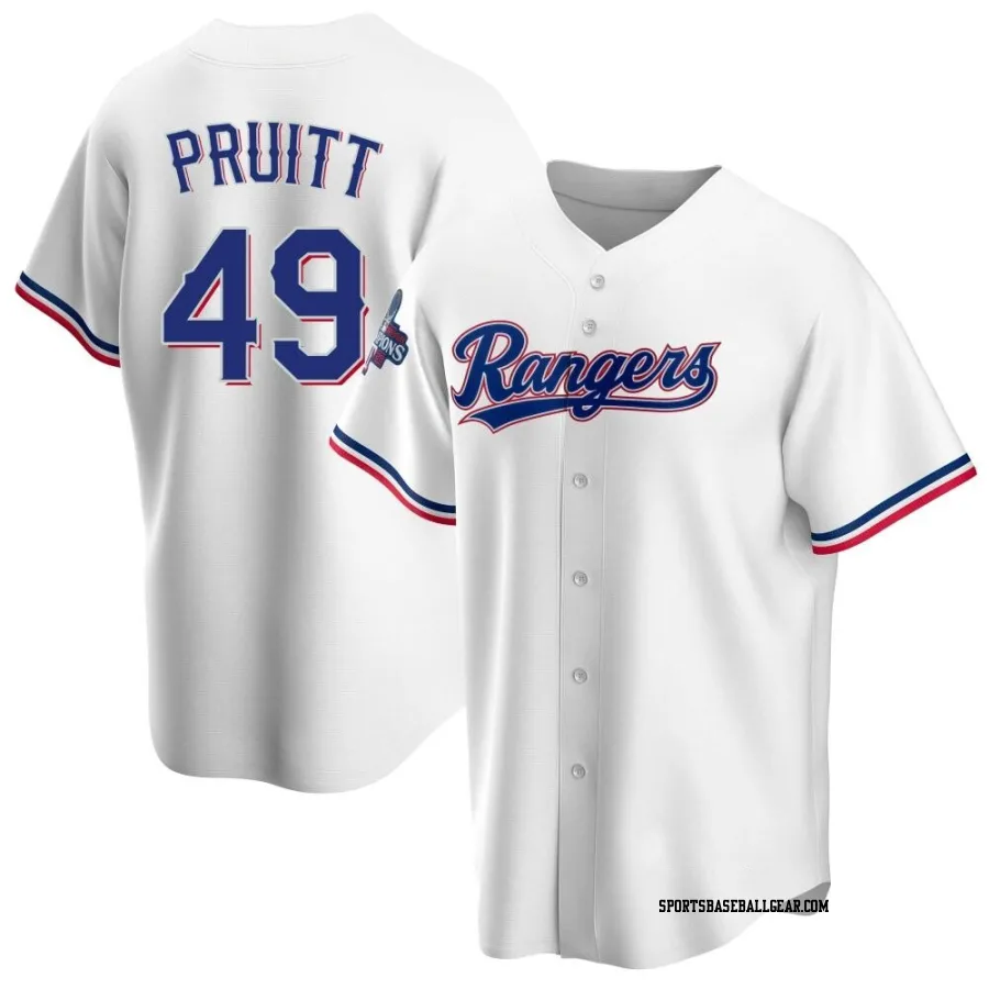 Austin Pruitt Men's Texas Rangers White Replica Home 2023 World Series Champions Jersey