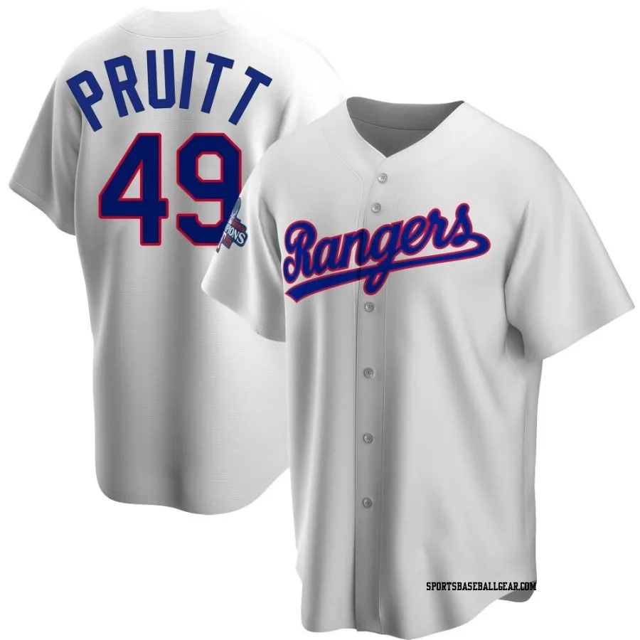 Austin Pruitt Men's Texas Rangers White Replica Home Cooperstown Collection 2023 World Series Champions Jersey