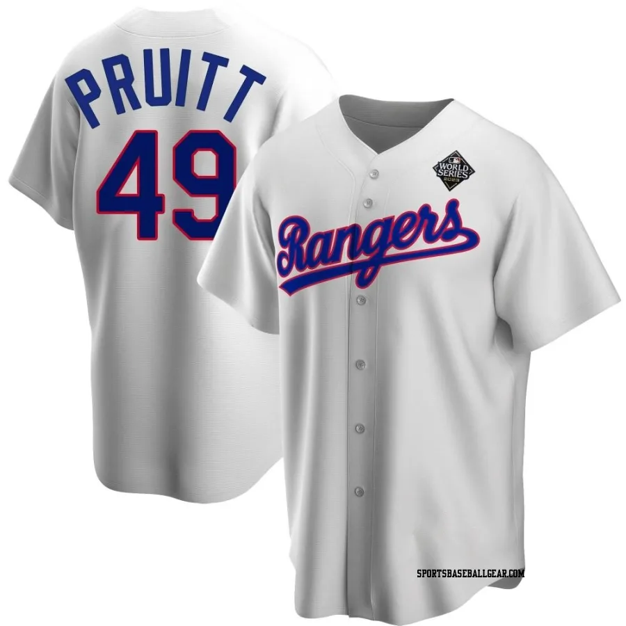 Austin Pruitt Men's Texas Rangers White Replica Home Cooperstown Collection 2023 World Series Jersey