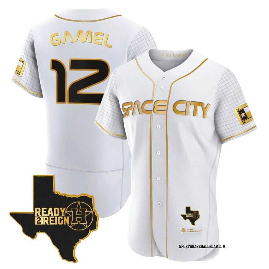 Ben Gamel Men's Houston Astros White/Gold Game Authentic 2023 Space City Ready 2 Reign Flex Base Jersey