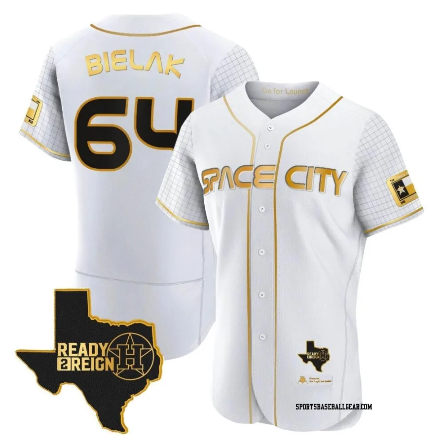 Brandon Bielak Men's Houston Astros White/Gold Authentic 2023 Space City Ready 2 Reign Flex Base Jersey