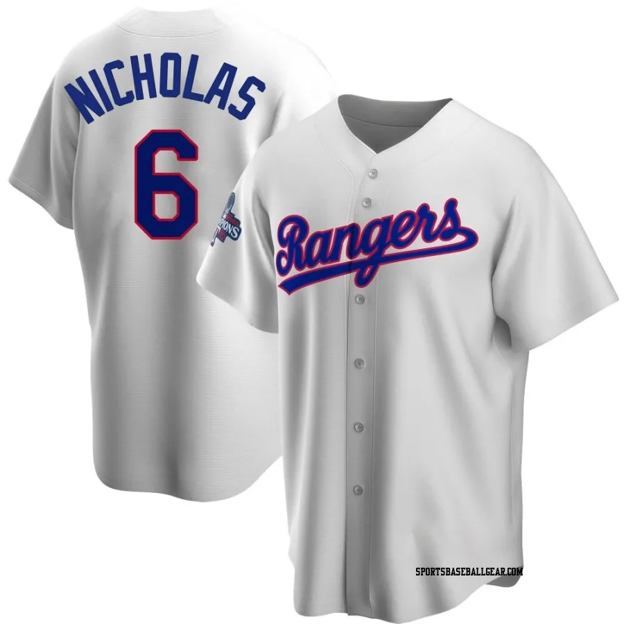 Brett Nicholas Men's Texas Rangers White Replica Home Cooperstown Collection 2023 World Series Champions Jersey