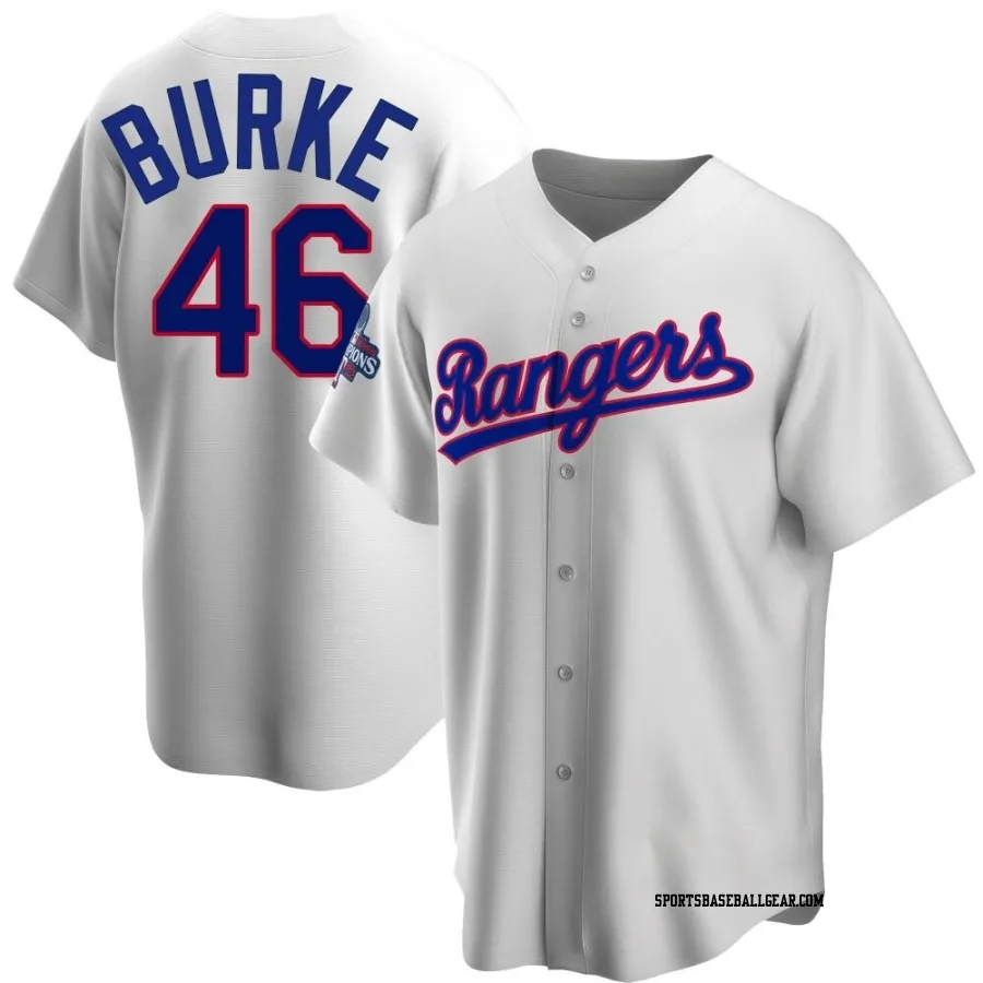 Brock Burke Men's Texas Rangers White Replica Home Cooperstown Collection 2023 World Series Champions Jersey