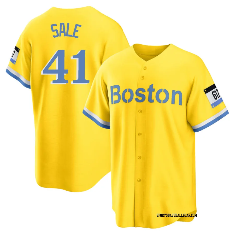 Chris Sale Men's Boston Red Sox Gold/Light Replica Blue 2021 City Connect Player Jersey