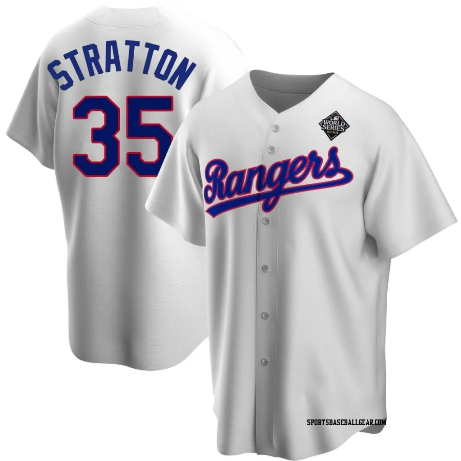 Chris Stratton Youth Texas Rangers White Replica Home Cooperstown Collection 2023 World Series Jersey