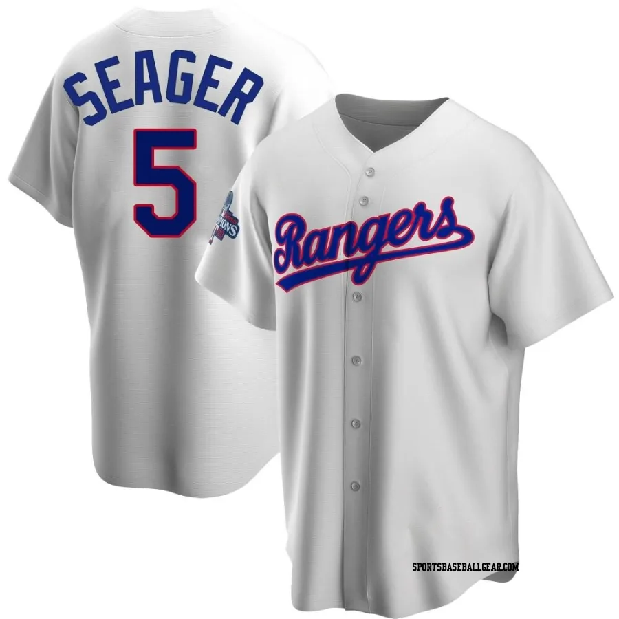 Corey Seager Men's Texas Rangers White Replica Home Cooperstown Collection 2023 World Series Champions Jersey