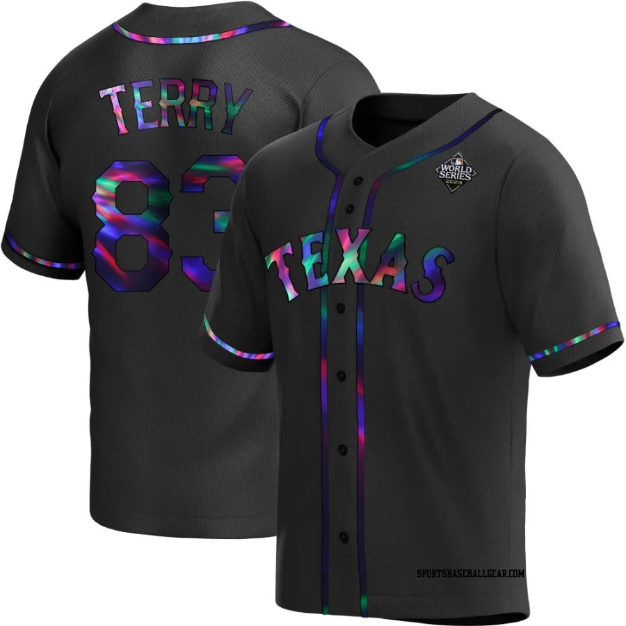 Curtis Terry Youth Texas Rangers Black Holographic Replica Alternate 2023 World Series Jersey