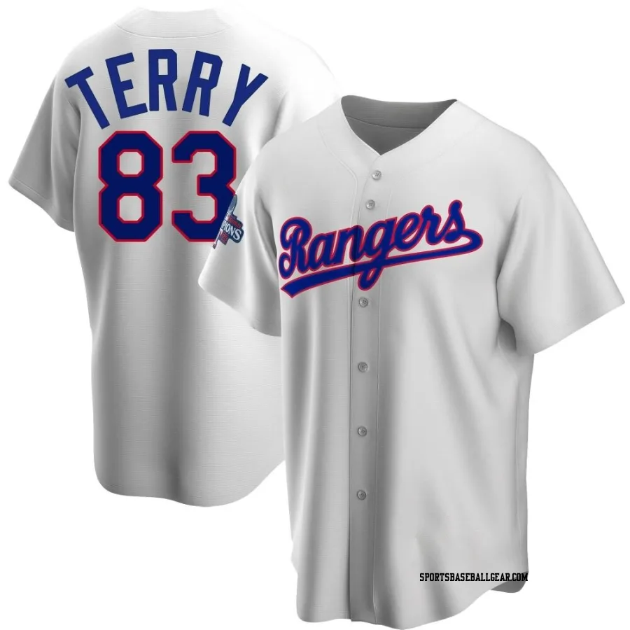 Curtis Terry Youth Texas Rangers White Replica Home Cooperstown Collection 2023 World Series Champions Jersey