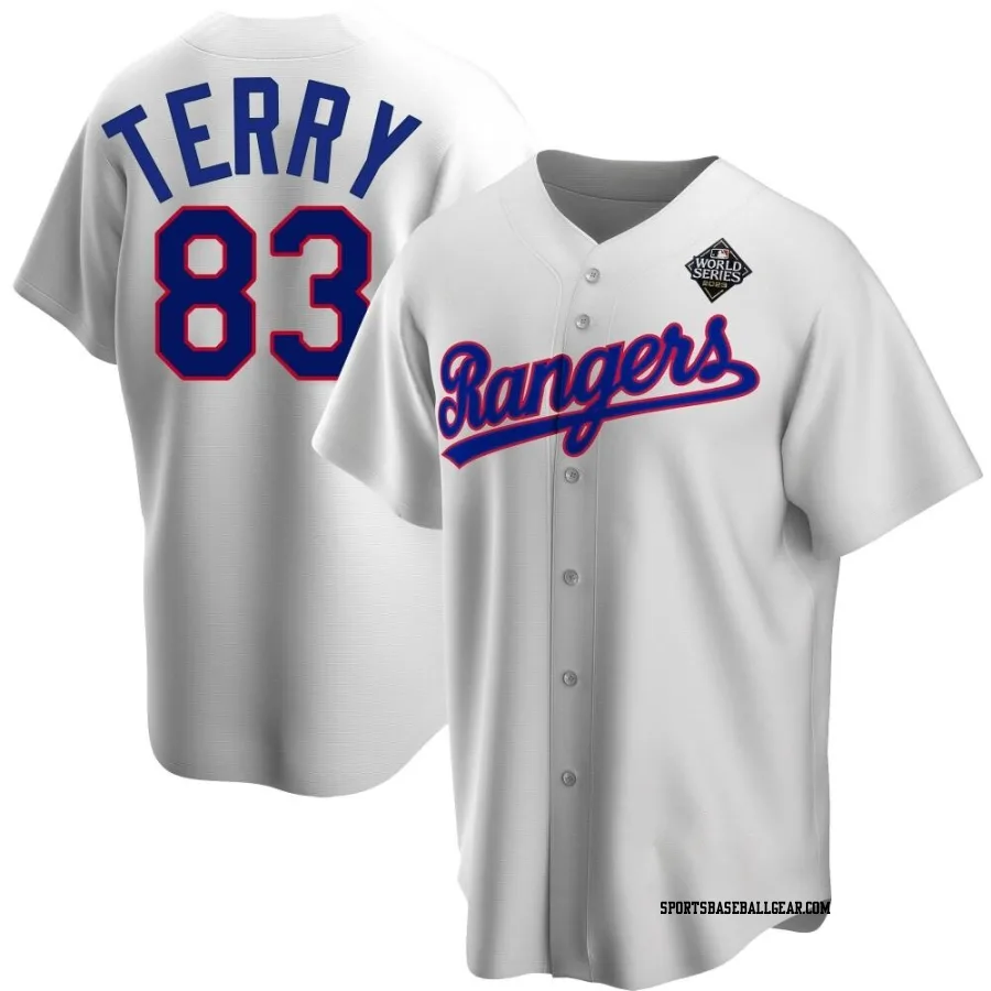 Curtis Terry Youth Texas Rangers White Replica Home Cooperstown Collection 2023 World Series Jersey