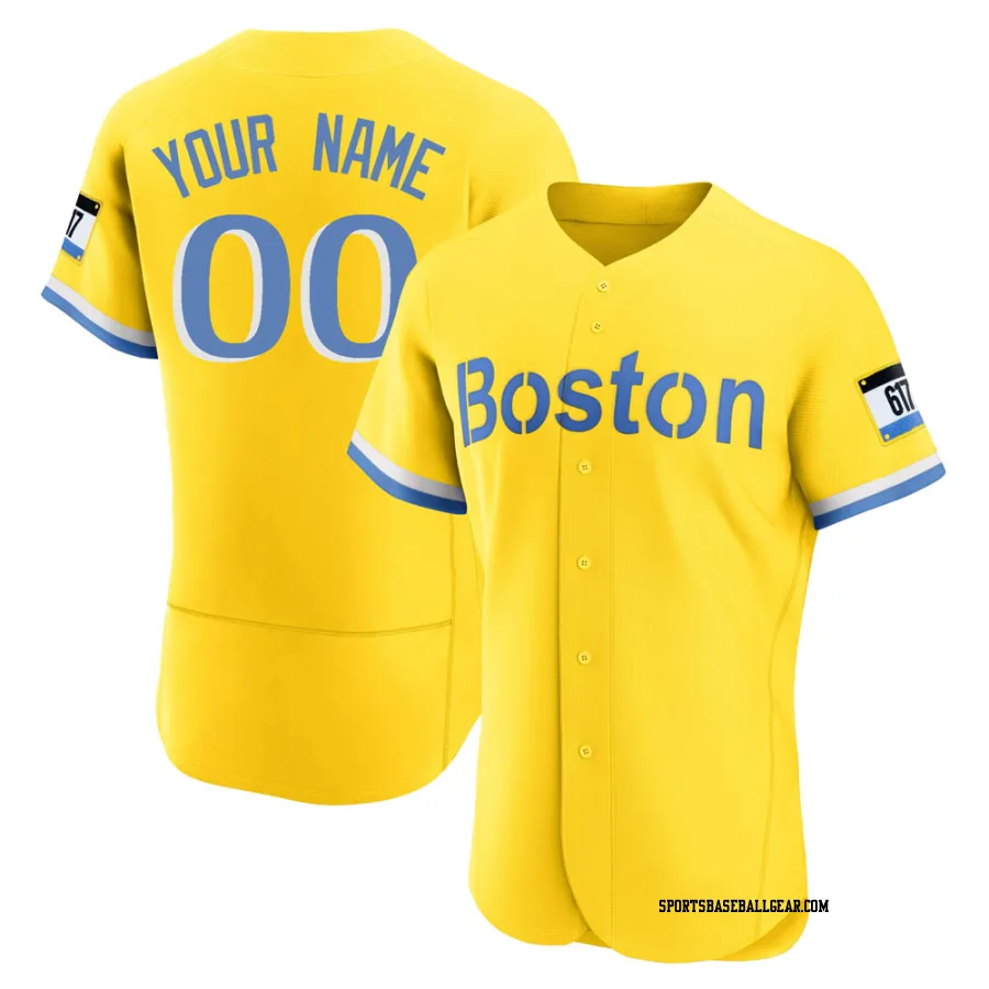 Custom Men's Boston Red Sox Gold/Light Authentic Blue 2021 City Connect Jersey