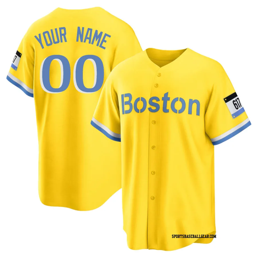 Custom Men's Boston Red Sox Gold/Light Replica Blue 2021 City Connect Player Jersey