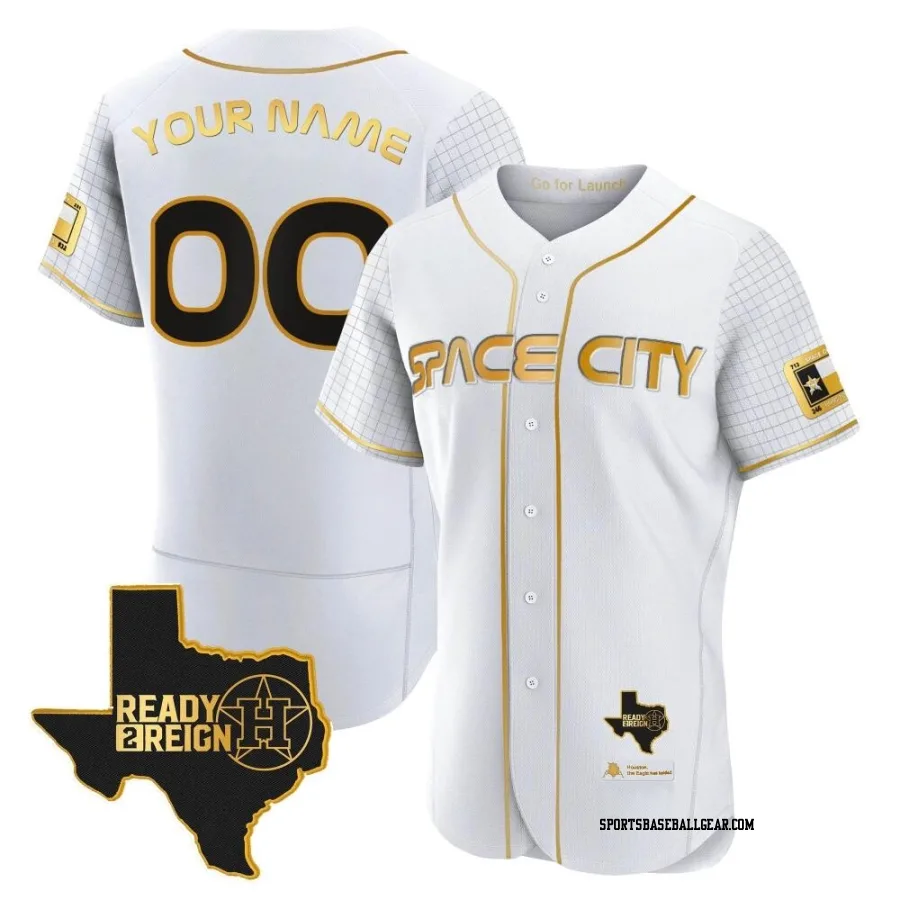 Custom Men's Houston Astros White/Gold Authentic 2023 Space City Ready 2 Reign Flex Base Jersey