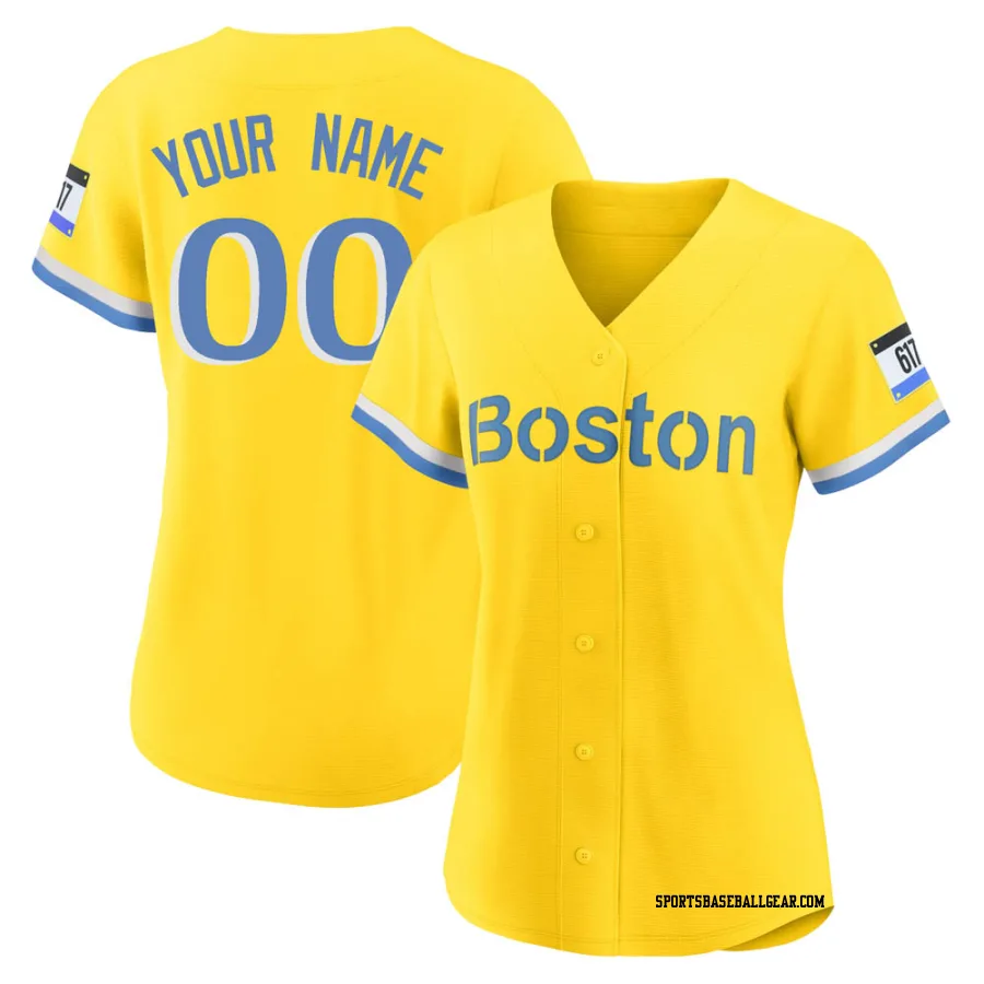 Custom Women's Boston Red Sox Gold/Light Authentic Blue 2021 City Connect Player Jersey