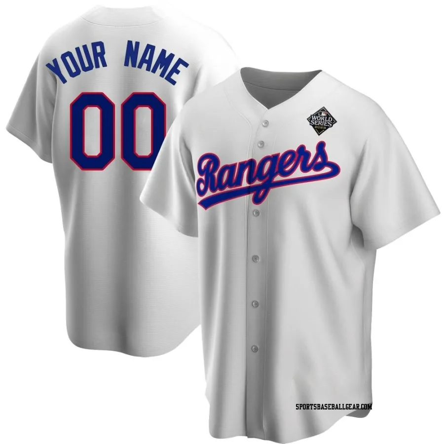 Custom Youth Texas Rangers White Replica Home Cooperstown Collection 2023 World Series Jersey