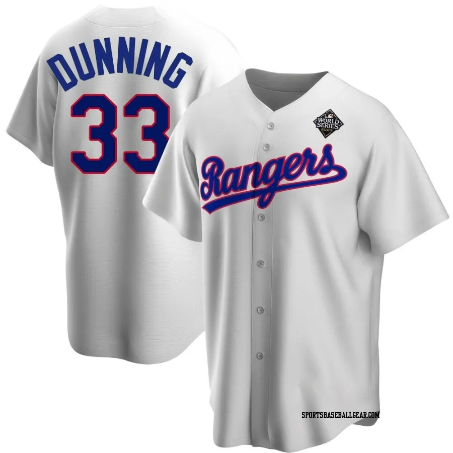 Dane Dunning Men's Texas Rangers White Replica Home Cooperstown Collection 2023 World Series Jersey