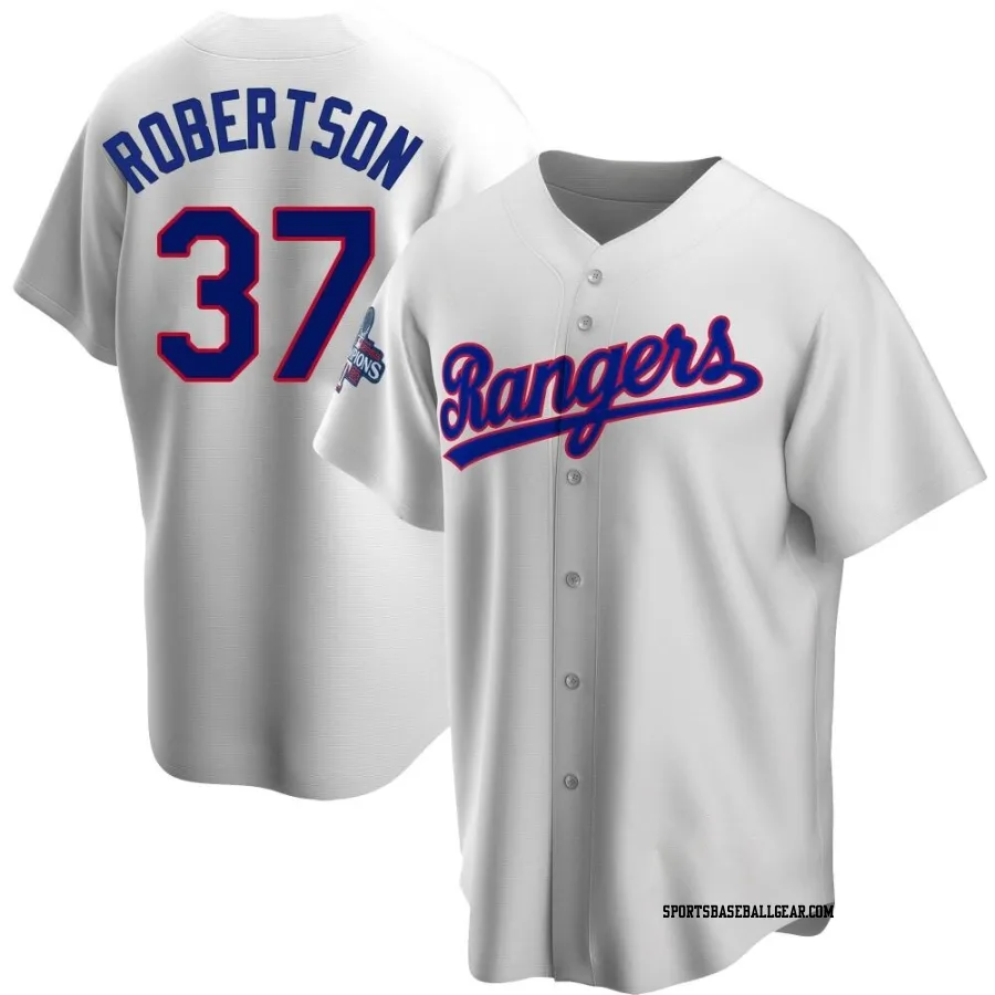 David Robertson Men's Texas Rangers White Replica Home Cooperstown Collection 2023 World Series Champions Jersey