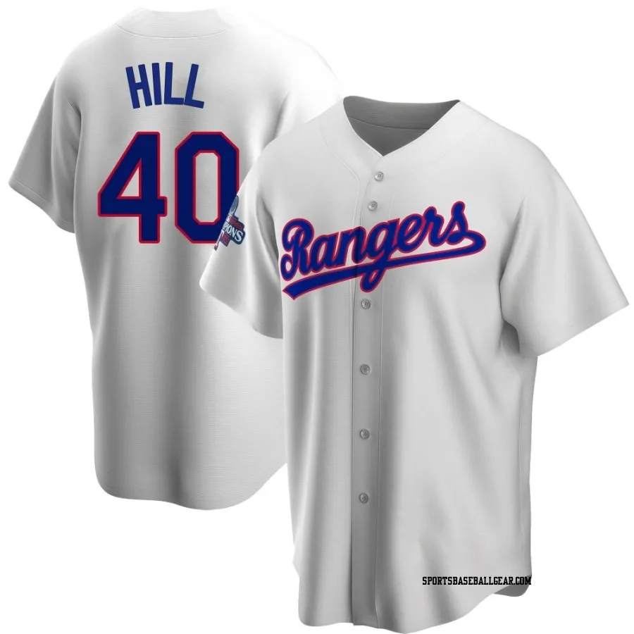 Derek Hill Youth Texas Rangers White Replica Home Cooperstown Collection 2023 World Series Champions Jersey