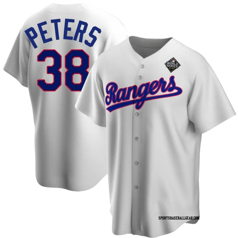 DJ Peters Youth Texas Rangers White Replica Home Cooperstown Collection 2023 World Series Jersey