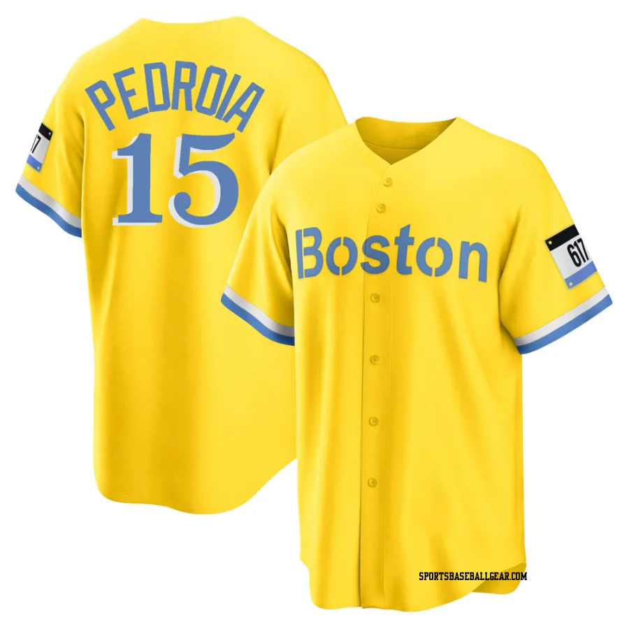 Dustin Pedroia Men's Boston Red Sox Gold/Light Replica Blue 2021 City Connect Player Jersey