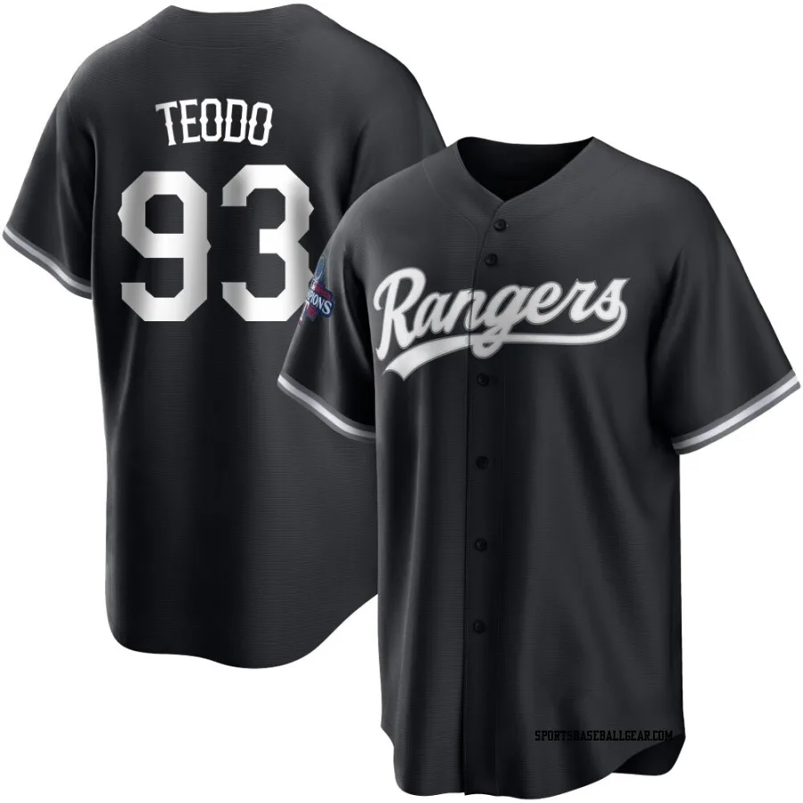 Emiliano Teodo Men's Texas Rangers White Replica Black 2023 World Series Champions Jersey