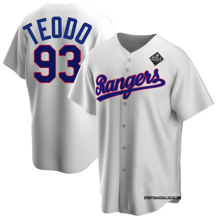 Emiliano Teodo Men's Texas Rangers White Replica Home Cooperstown Collection 2023 World Series Jersey