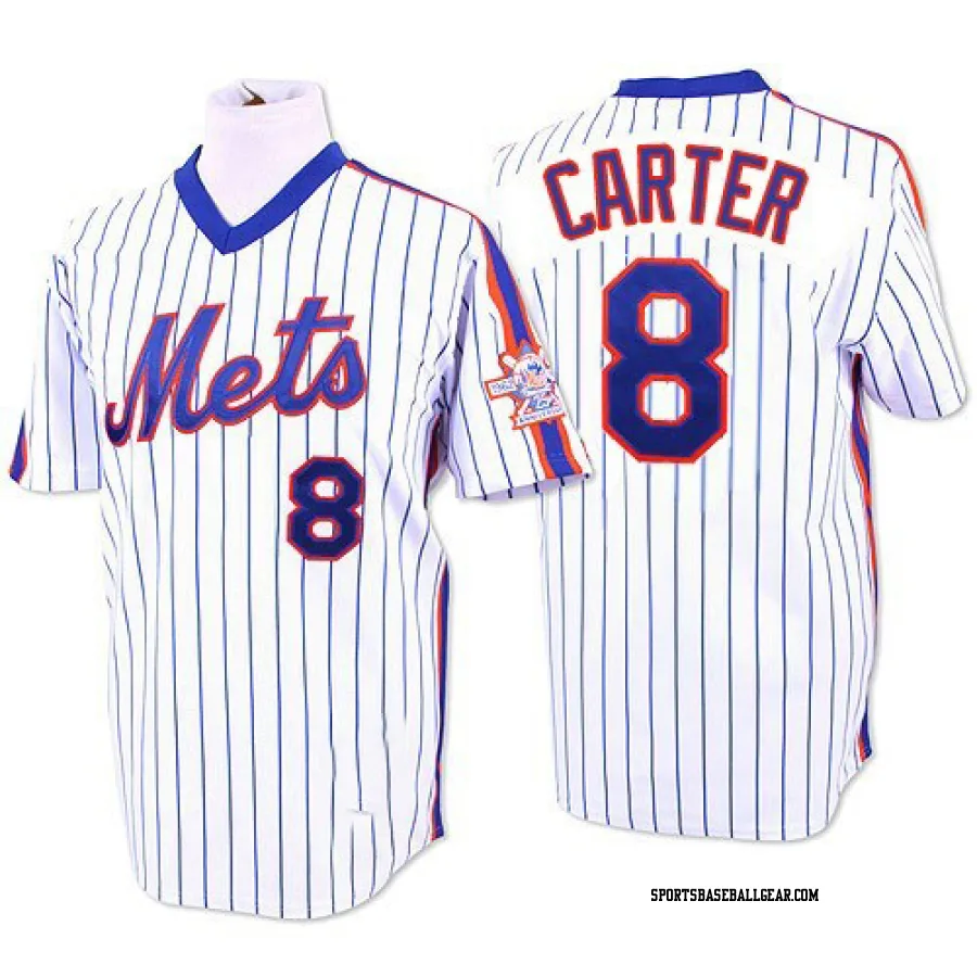 Gary Carter Men's New York Mets White/Blue Replica Strip Throwback Jersey