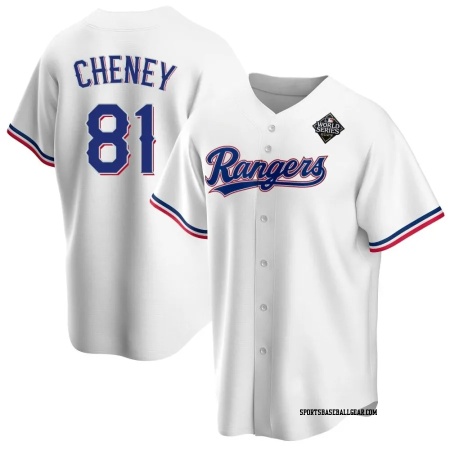 Griffin Cheney Youth Texas Rangers White Replica Home 2023 World Series Jersey