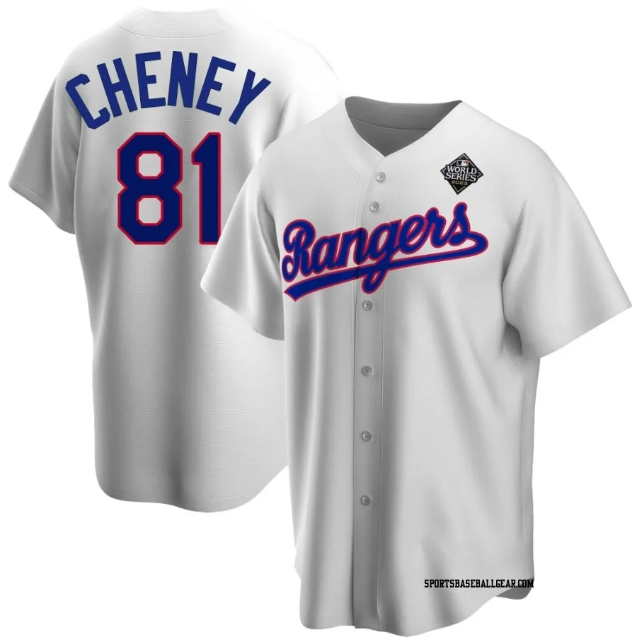 Griffin Cheney Youth Texas Rangers White Replica Home Cooperstown Collection 2023 World Series Jersey