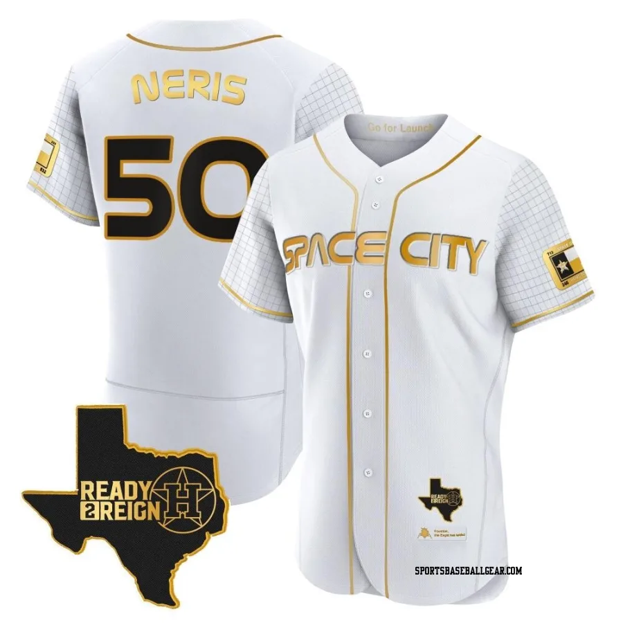 Hector Neris Men's Houston Astros White/Gold Authentic 2023 Space City Ready 2 Reign Flex Base Jersey