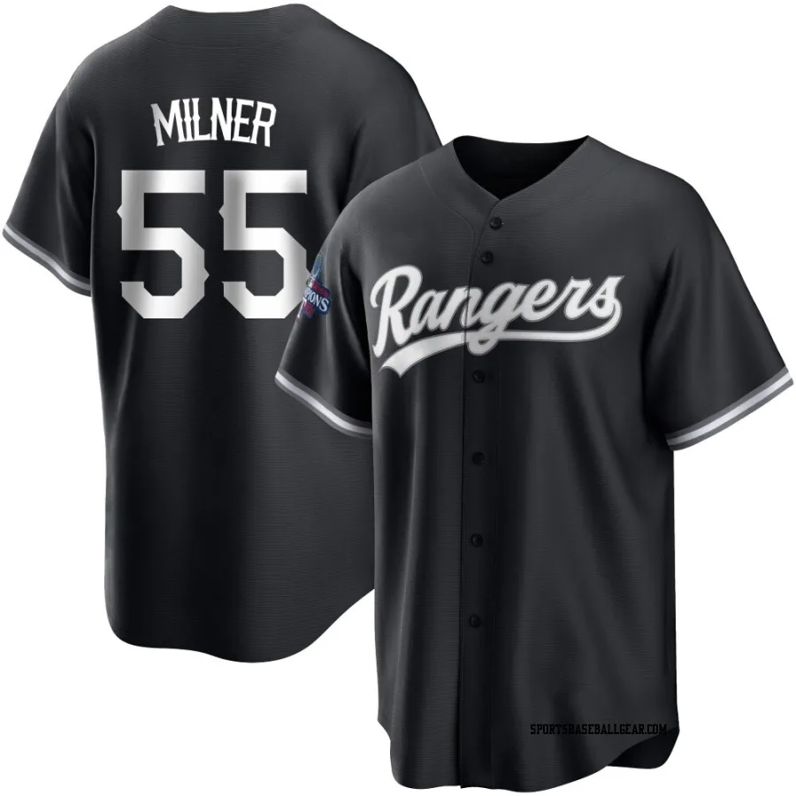 Hoby Milner Men's Texas Rangers White Replica Black 2023 World Series Champions Jersey