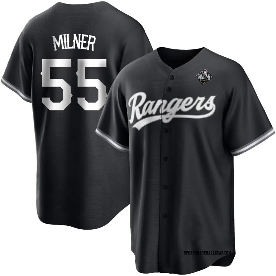 Hoby Milner Men's Texas Rangers White Replica Black 2023 World Series Jersey