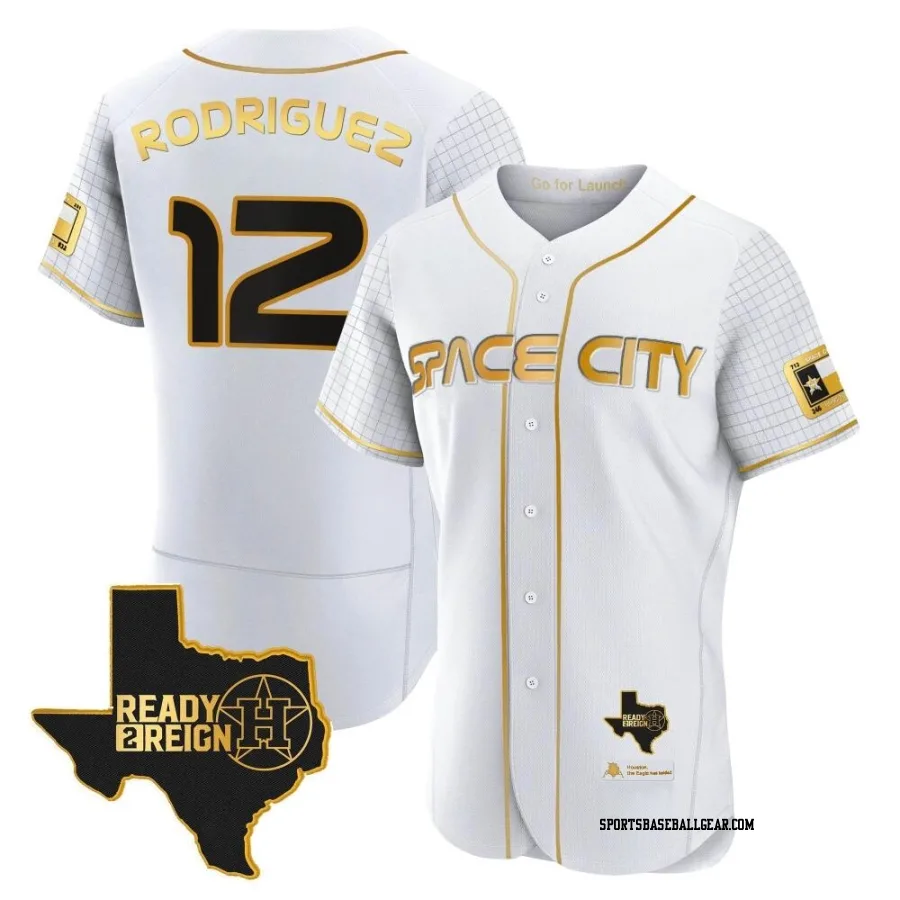 Ivan Rodriguez Men's Houston Astros White/Gold Authentic 2023 Space City Ready 2 Reign Flex Base Jersey