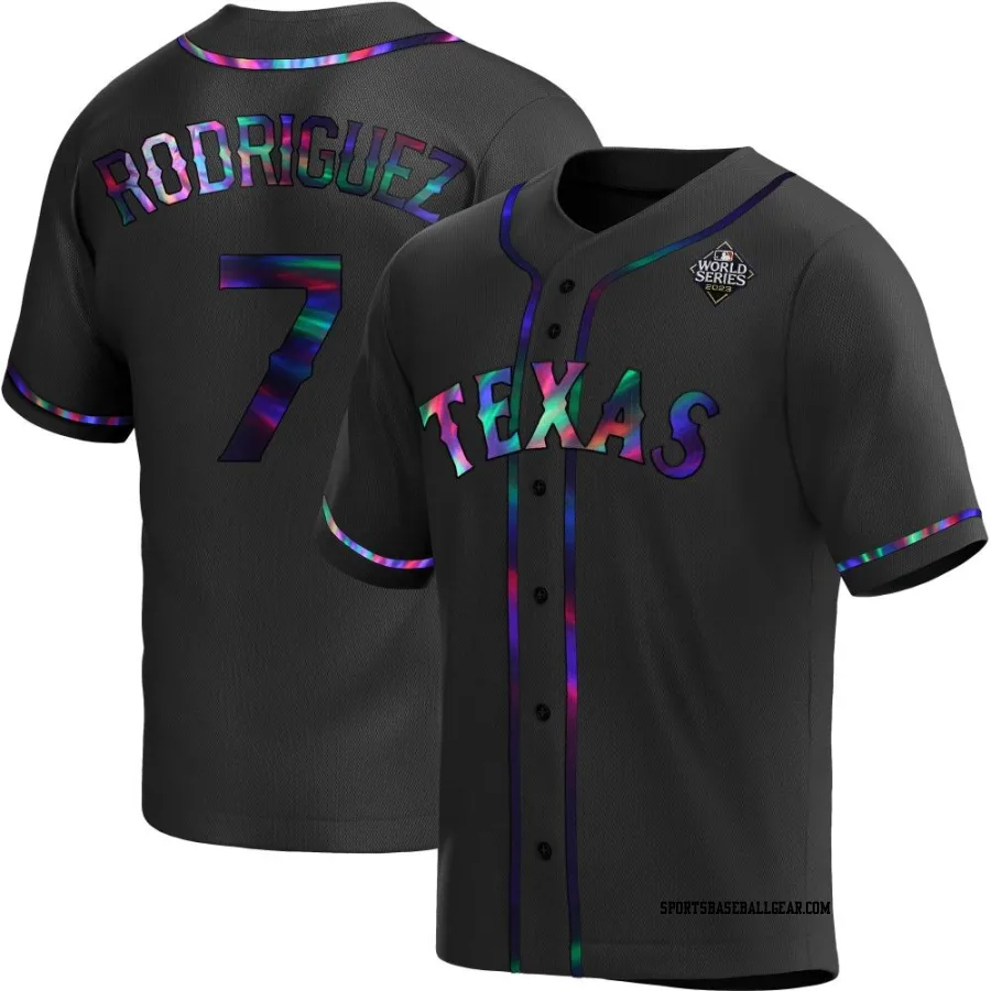 Ivan Rodriguez Youth Texas Rangers Black Holographic Replica Alternate 2023 World Series Jersey