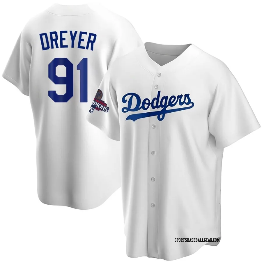 Jack Dreyer Men's Los Angeles Dodgers White Replica Home 2024 World Series Champions Jersey