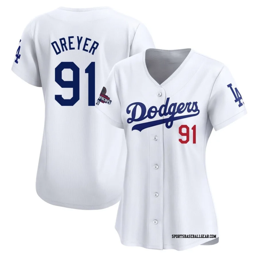 Jack Dreyer Women's Los Angeles Dodgers White Limited Home 2024 World Series Champions Jersey