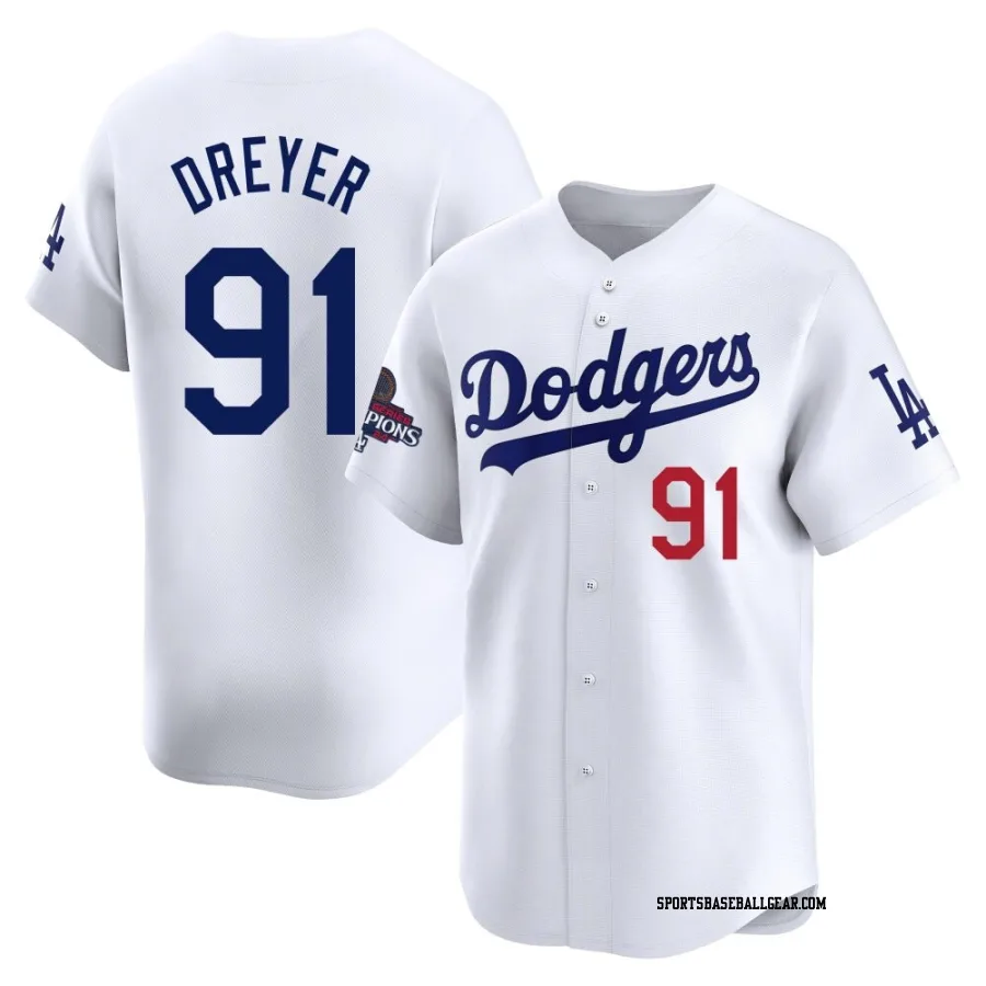 Jack Dreyer Youth Los Angeles Dodgers White Limited Home 2024 World Series Champions Jersey