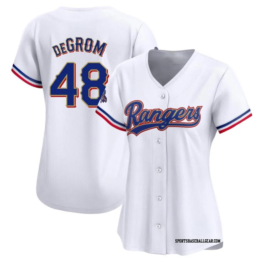 Jacob deGrom Women's Texas Rangers Gold Limited White 2024 Collection Jersey