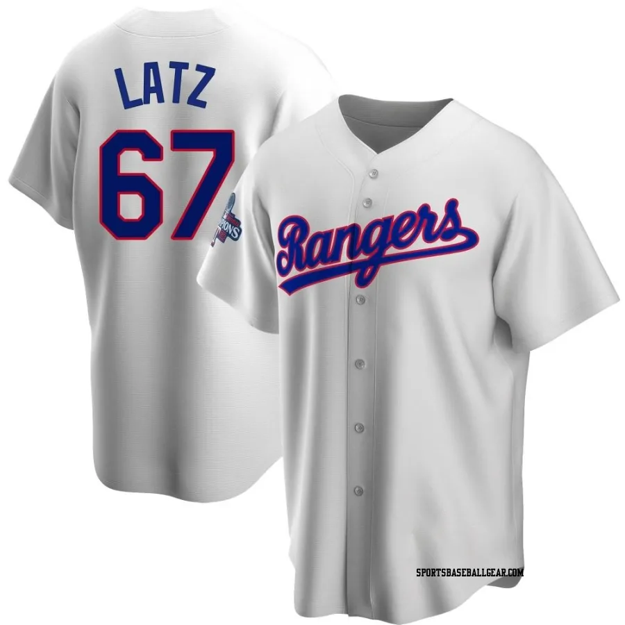 Jacob Latz Youth Texas Rangers White Replica Home Cooperstown Collection 2023 World Series Champions Jersey