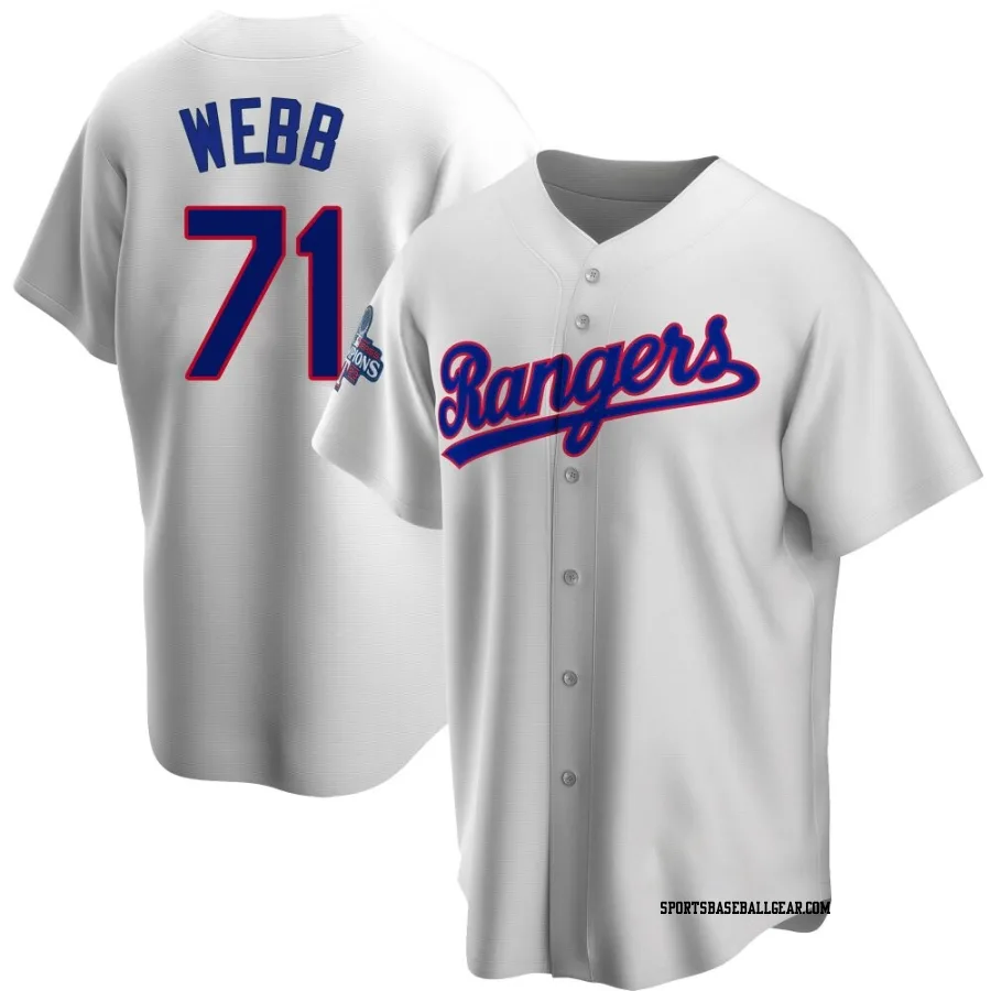 Jacob Webb Men's Texas Rangers White Replica Home Cooperstown Collection 2023 World Series Champions Jersey