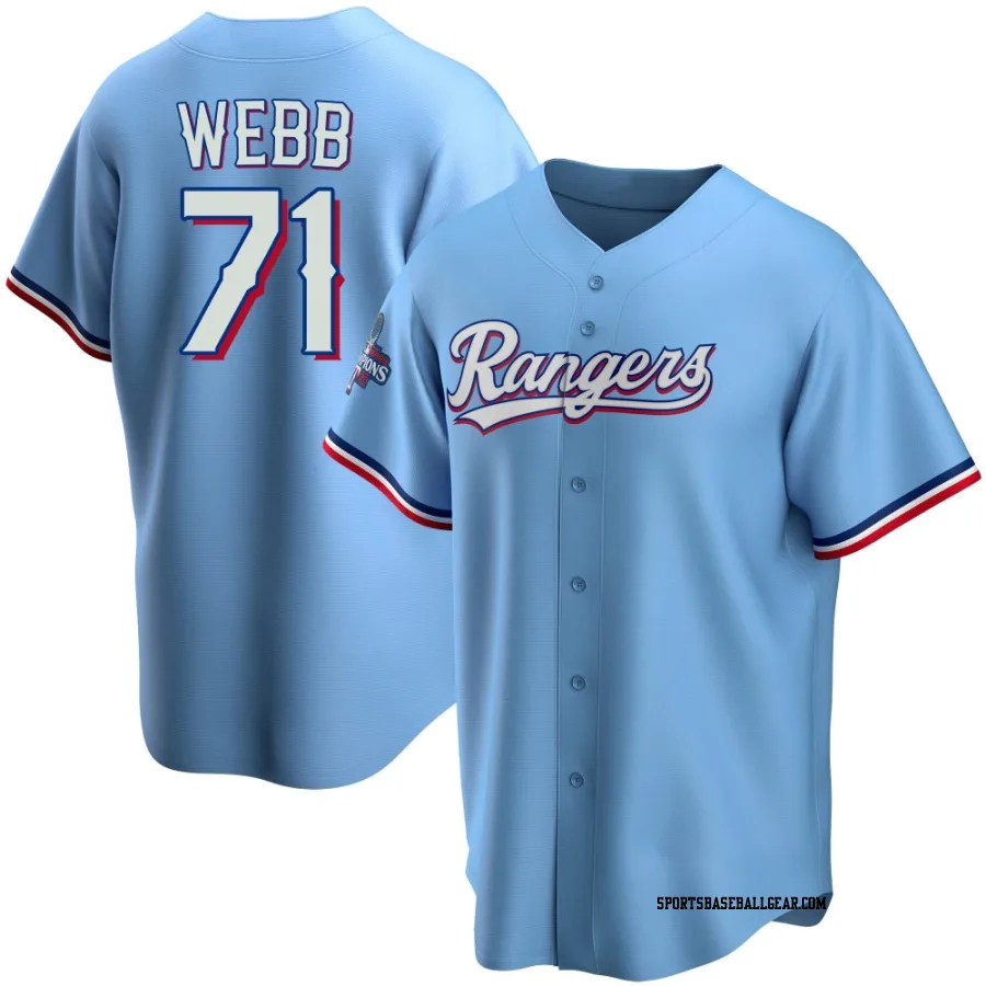 Jacob Webb Youth Texas Rangers Light Blue Replica Alternate 2023 World Series Champions Jersey