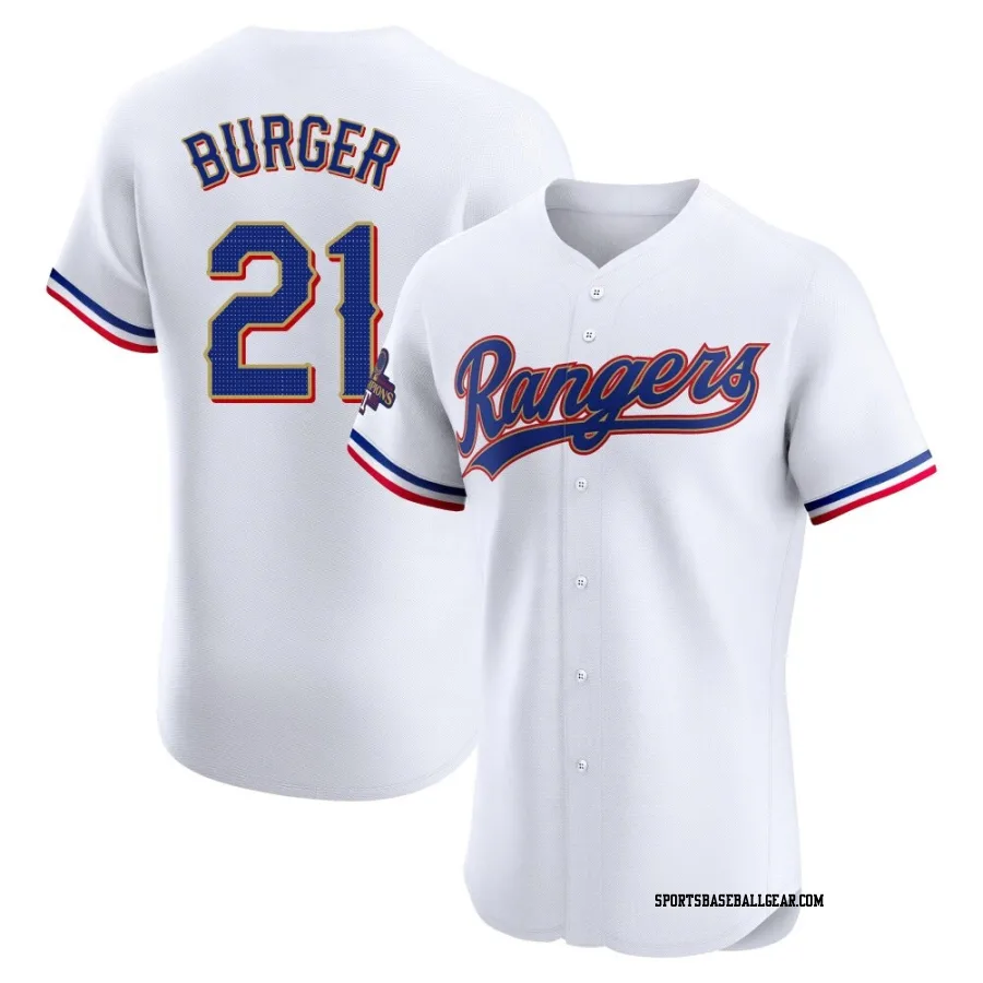 Jake Burger Men's Texas Rangers Gold Elite White 2024 Collection Jersey