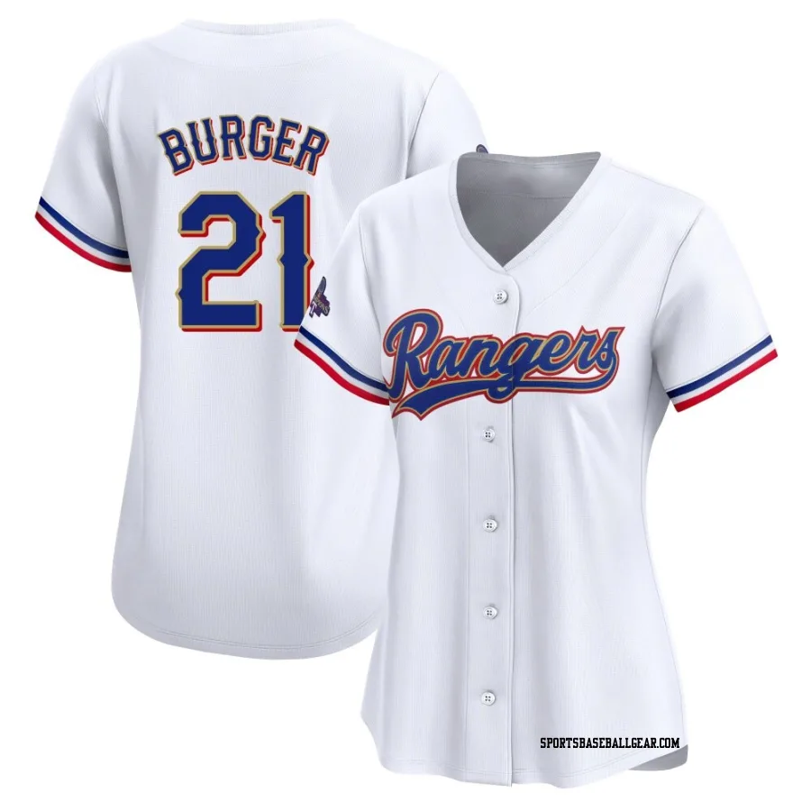 Jake Burger Women's Texas Rangers Gold Limited White 2024 Collection Jersey