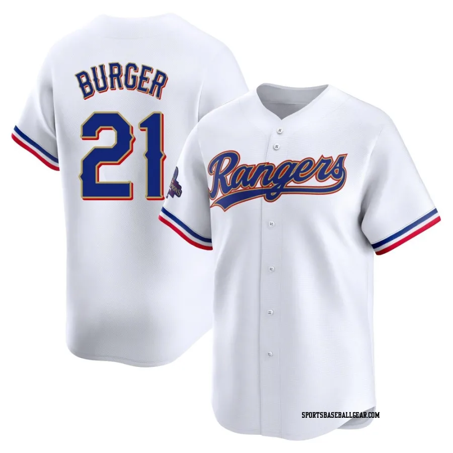 Jake Burger Youth Texas Rangers Gold Limited White 2024 Collection Jersey