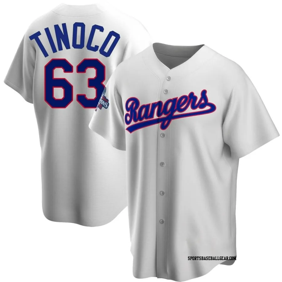 Jesus Tinoco Men's Texas Rangers White Replica Home Cooperstown Collection 2023 World Series Champions Jersey